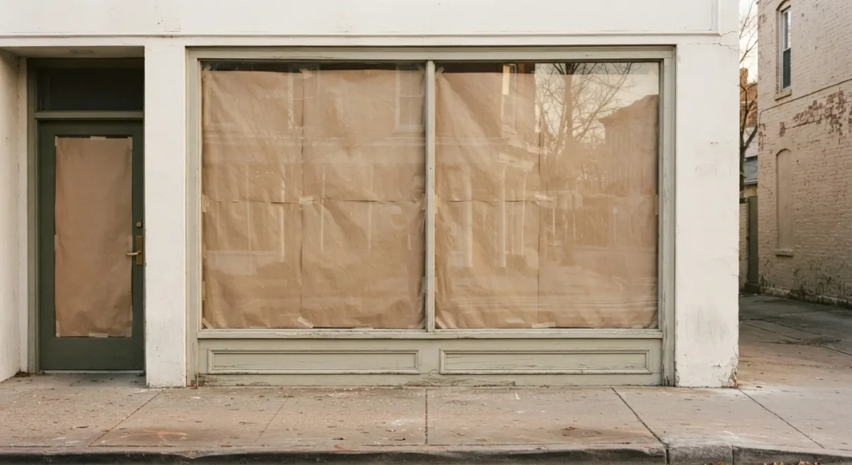 Empty storefront window with brown paper and reflections