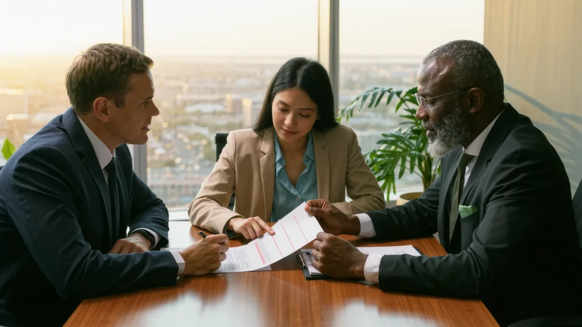 Lawyers negotiating engagement letter terms across a conference table