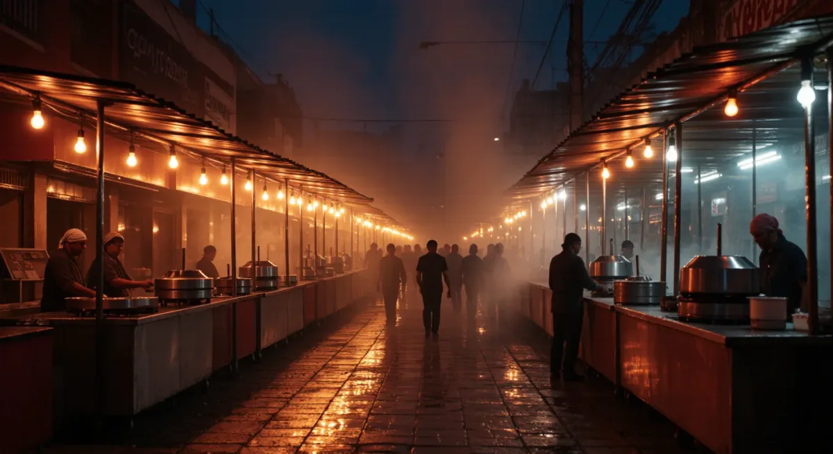 Night market street with food stalls glowing