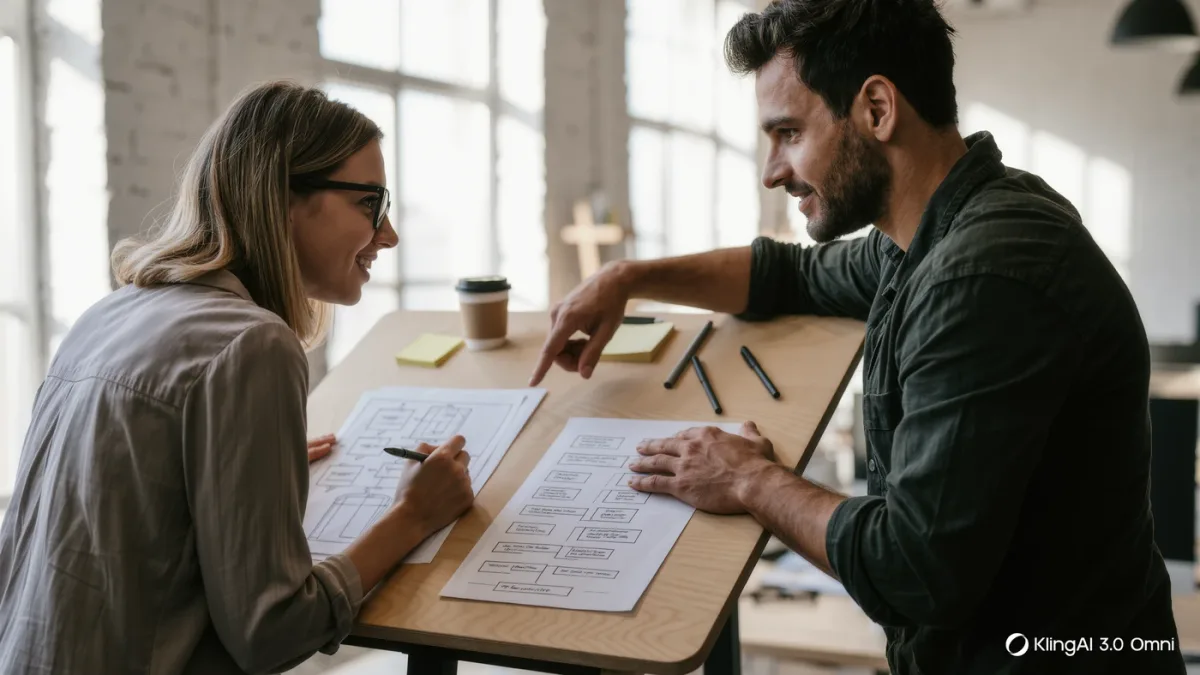 Two co-founders sketching product and business plans side by side