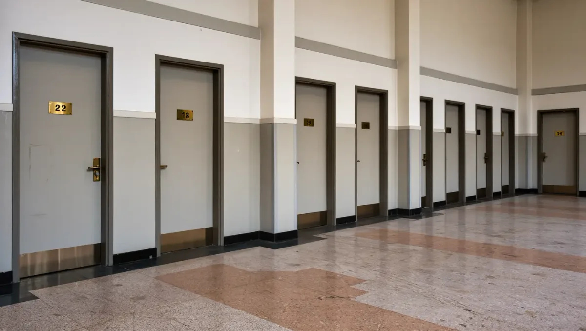 Federal office building lobby with row of closed hearing room doors