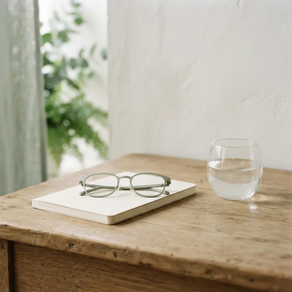 Reading glasses, notebook, and glass of water on clean desk