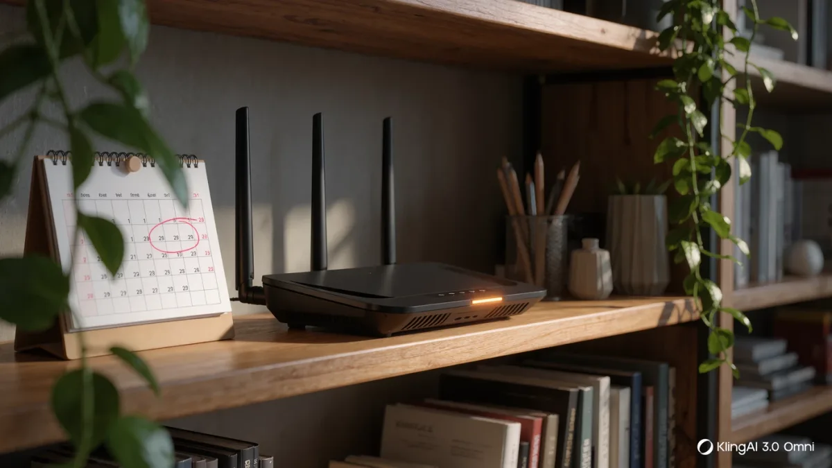 Home router on a shelf with a steady update light beside a calendar printout