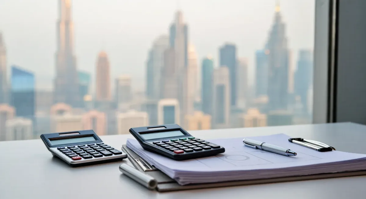 Tax documents and a calculator on a desk in an office in Dubai