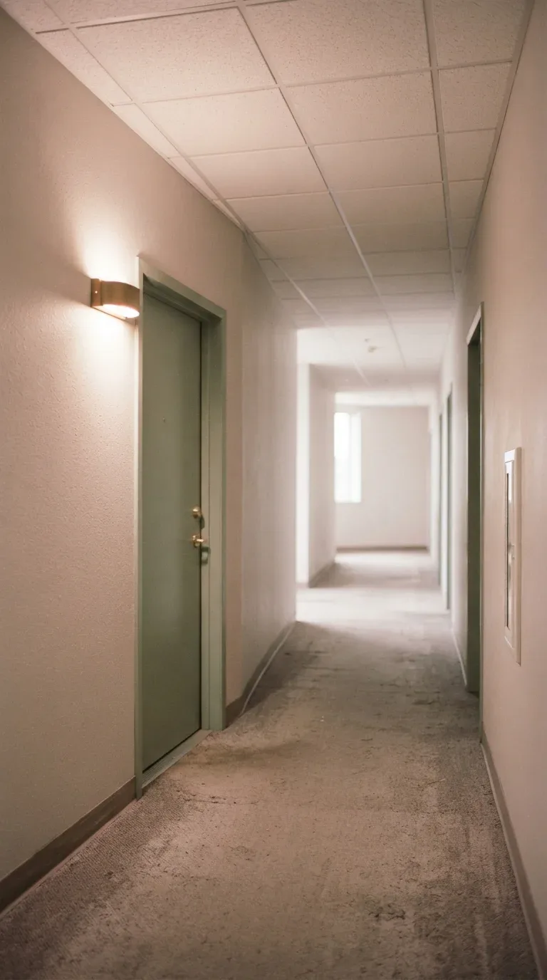 Empty corridor with single worklight and office door, muted tones