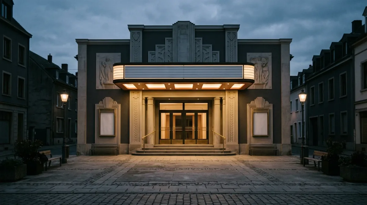 Cinema facade with blank marquee in warm evening light