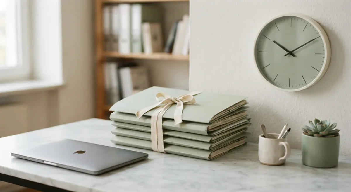 Document folders and a closed laptop on a marble surface beside a wall clock