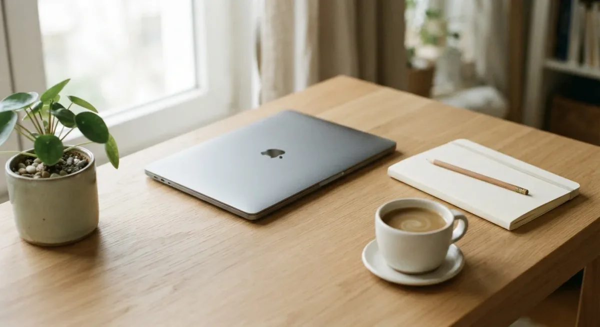 Closed laptop beside paper notebook and coffee cup on desk
