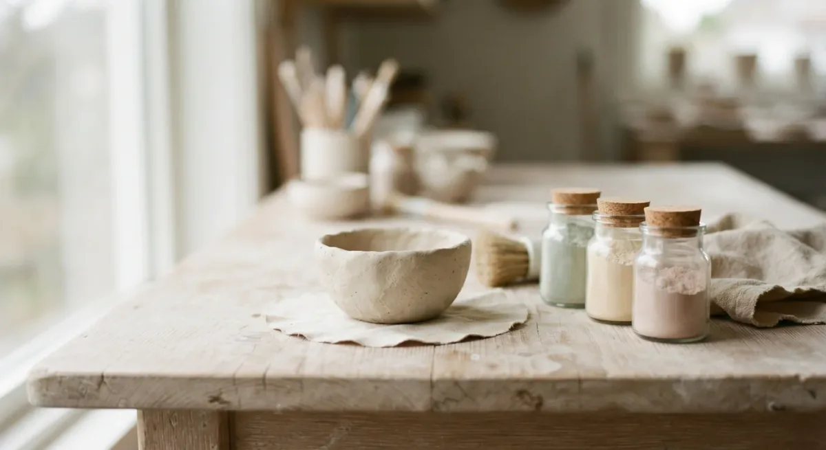 Bowl of pale dry clay and glaze powder jars on wooden bench