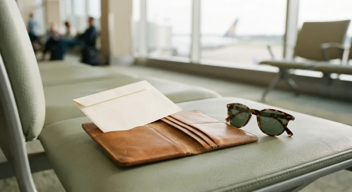 Boarding pass envelope and travel wallet on an airport bench