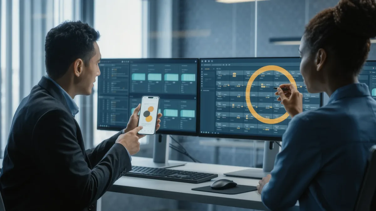 Two analysts reconciling store labels against SDK traffic charts