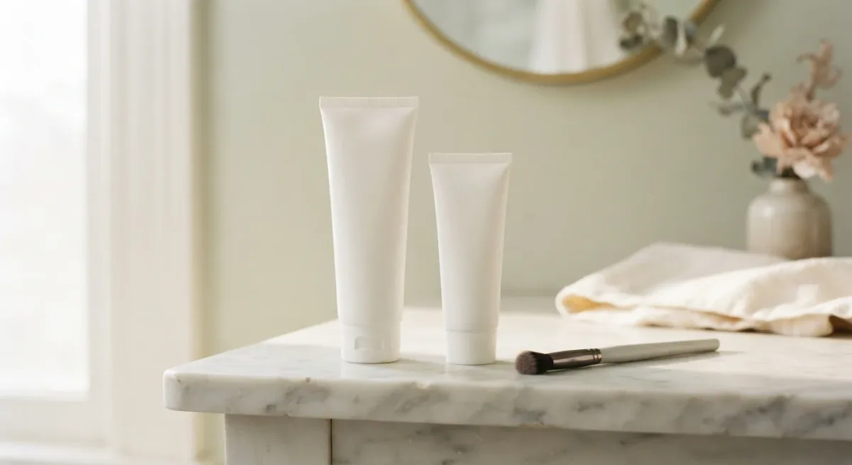 Two unbranded tubes and a small brush upright on a bright vanity shelf