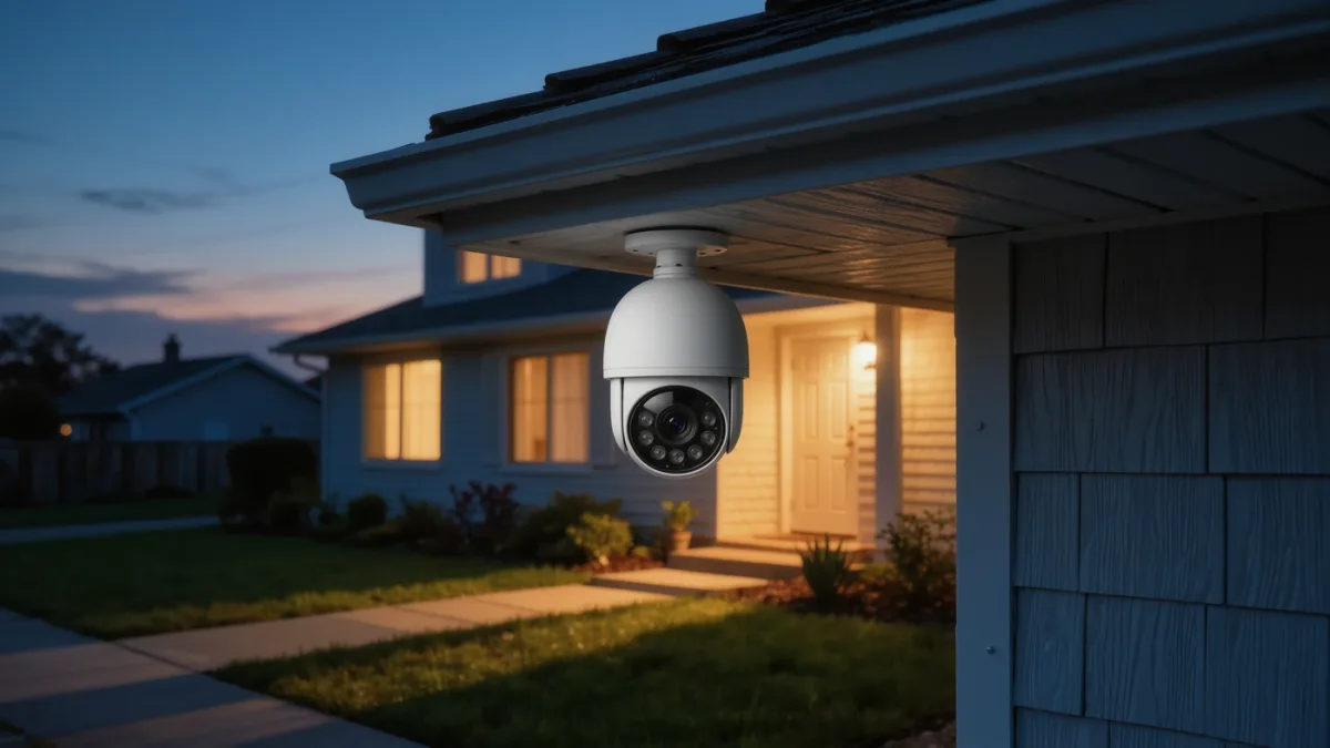 Outdoor security camera mounted on home exterior wall
