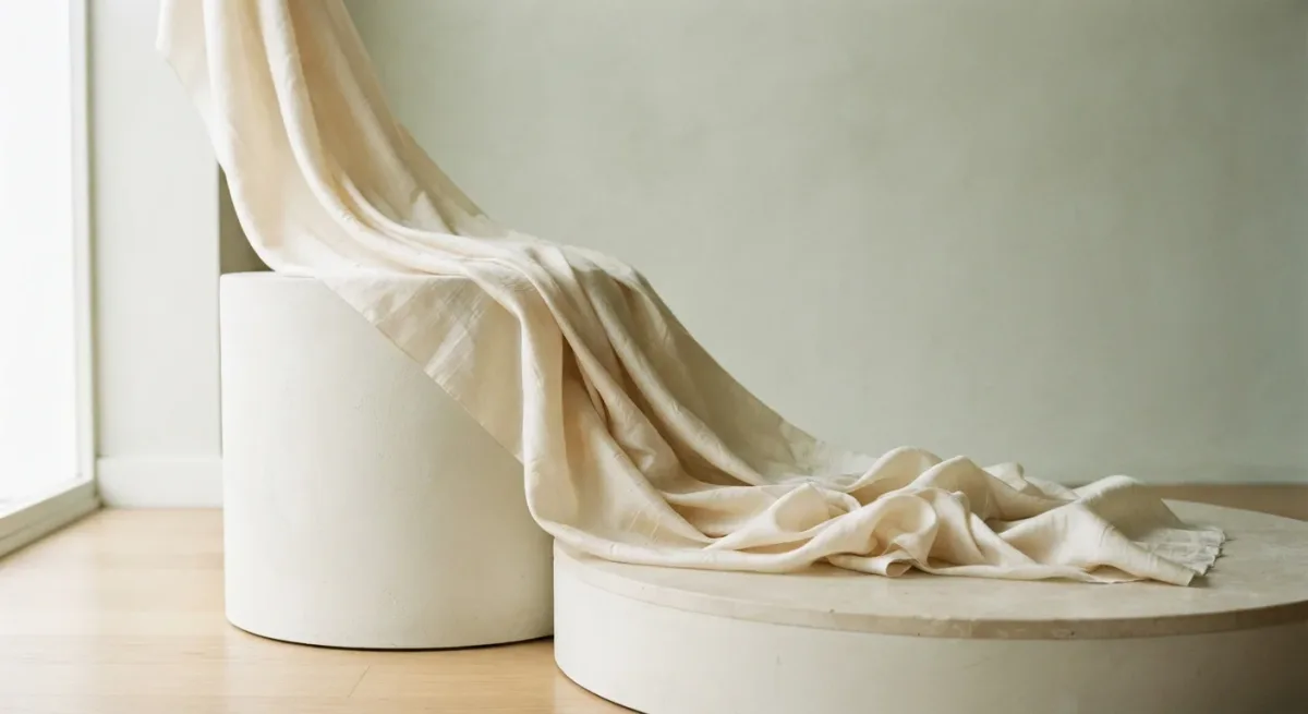 Diagonal folds of pale silk on a plinth