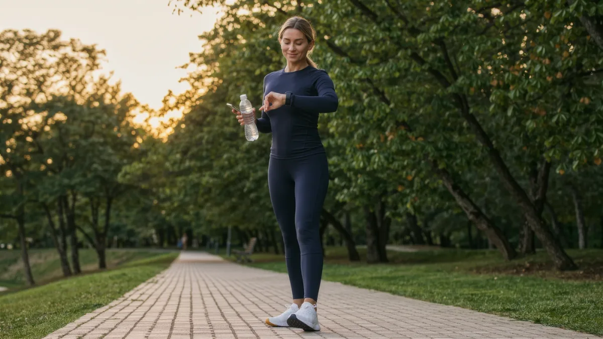 Runner checking a fitness tracking app on a park path