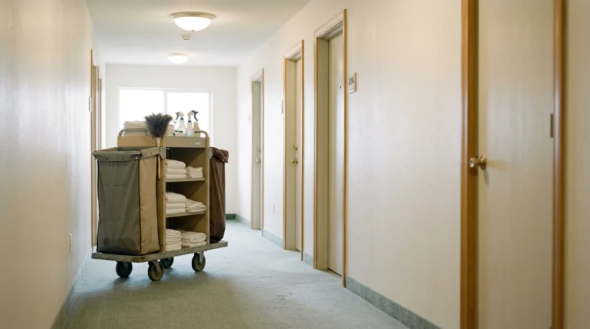 Housekeeping cart in unbranded hotel corridor
