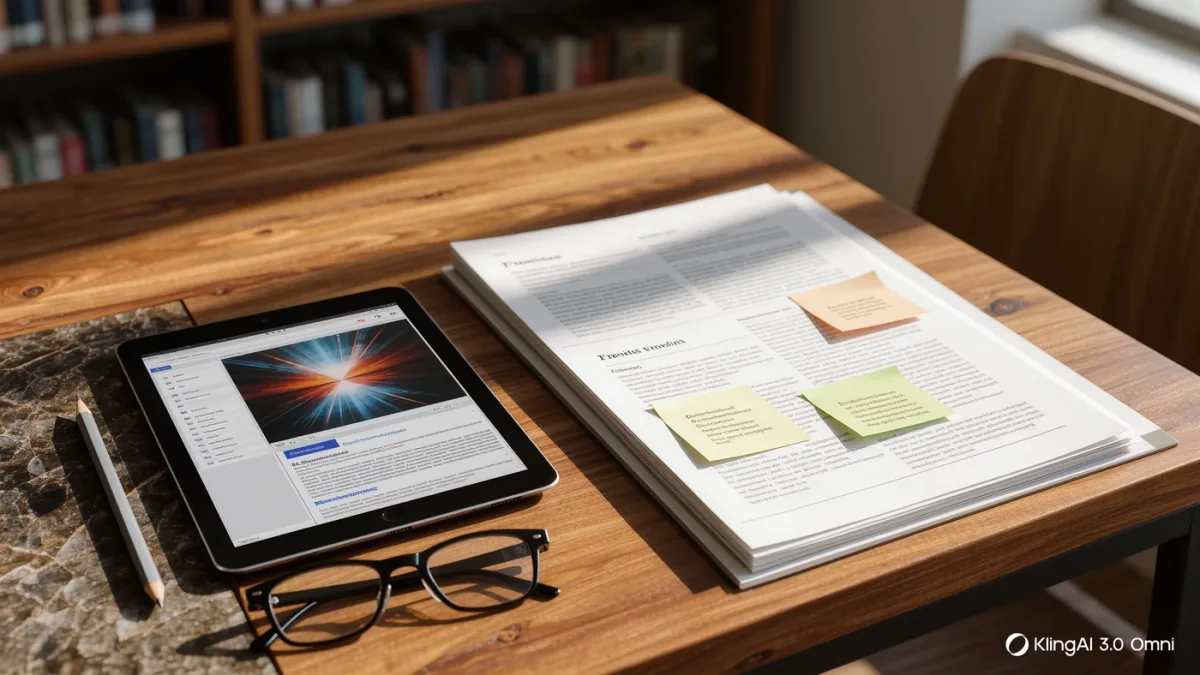 Long report document beside a tablet showing highlighted passages at a library table