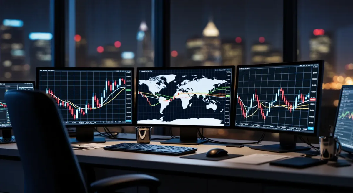 Trader monitors with crude price charts on a dealing desk
