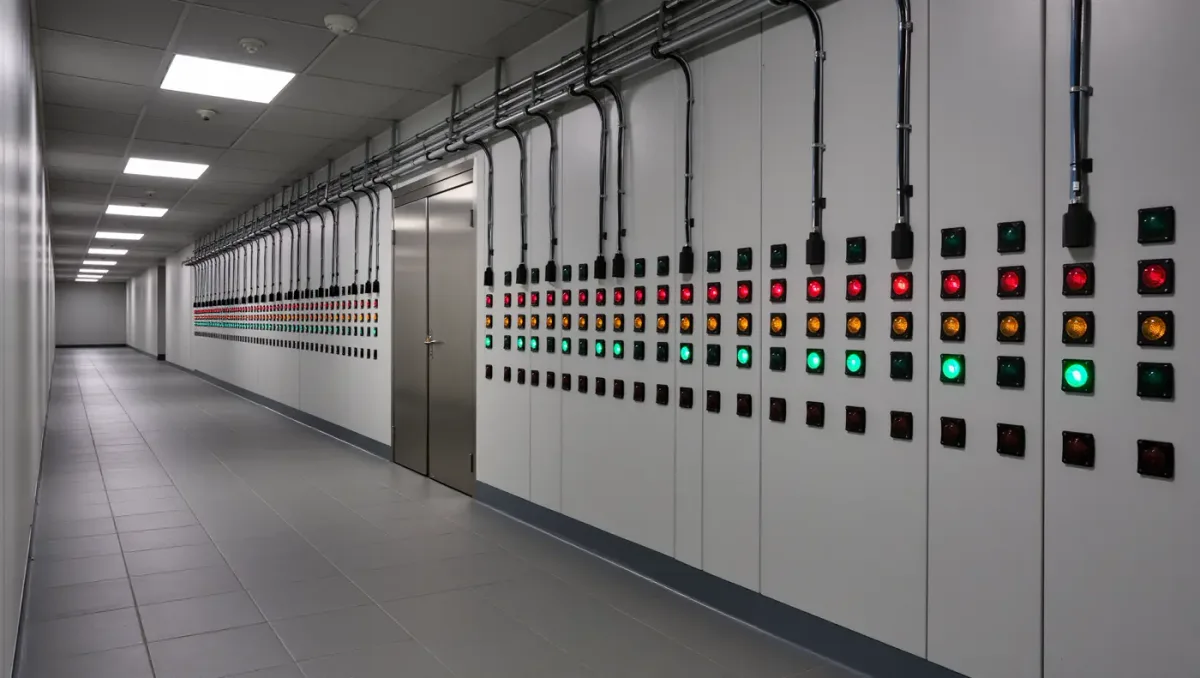 Status lights and cabling above a data closet door in an office corridor