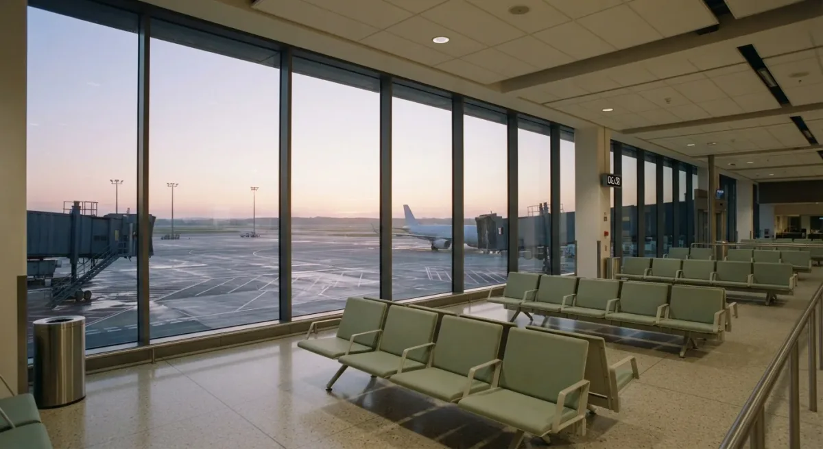 Departure board wall of blank panels above an empty terminal concourse at dusk