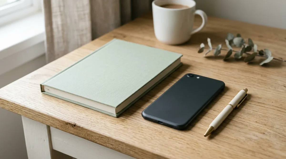 Smartphone face down beside notebook on neutral desk