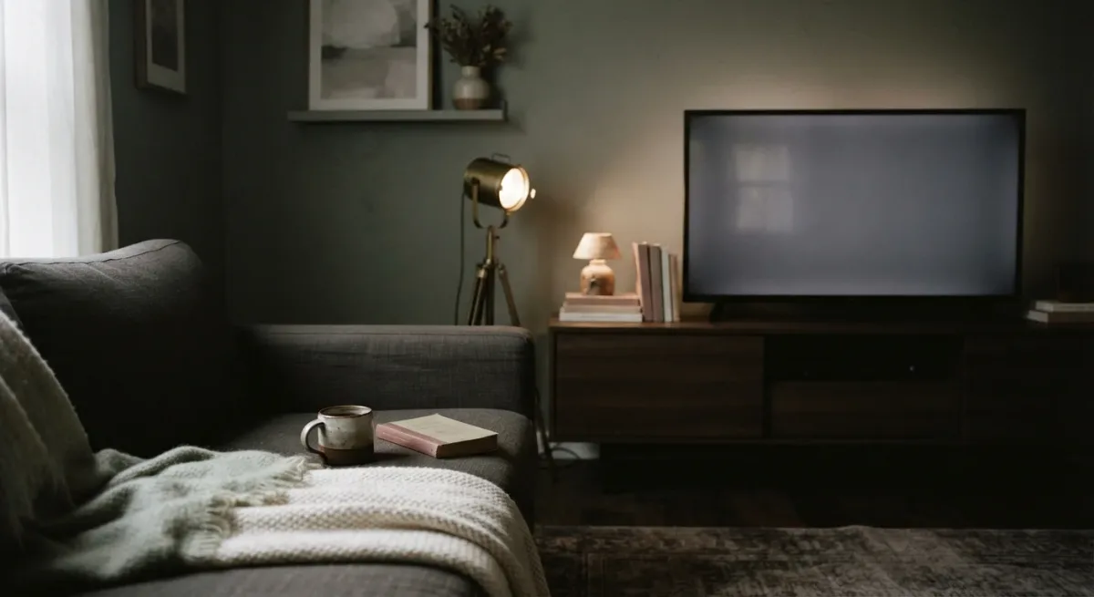 Dark living room with television glow and single worklight, empty couch