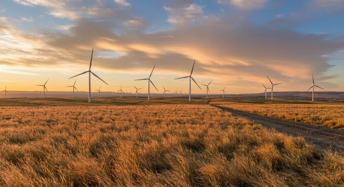 Wind turbines on a Patagonian plain at sunset