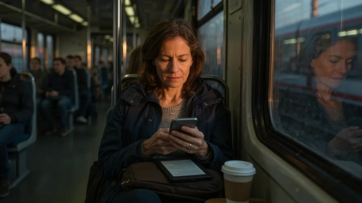 Commuter reading on phone at dusk beside unlit e-reader