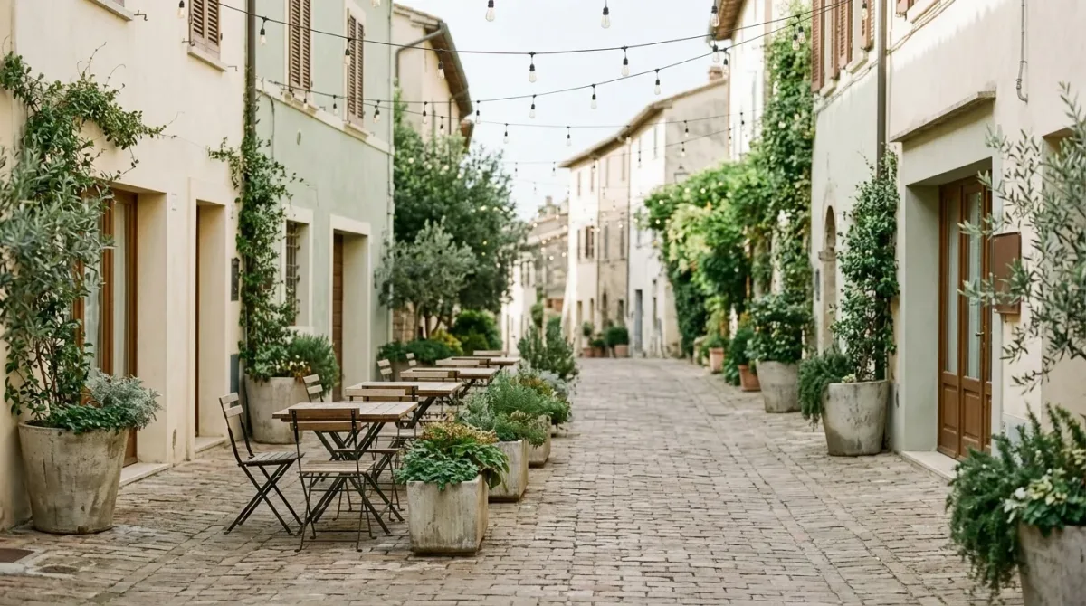 Brick street with planters and empty cafe tables