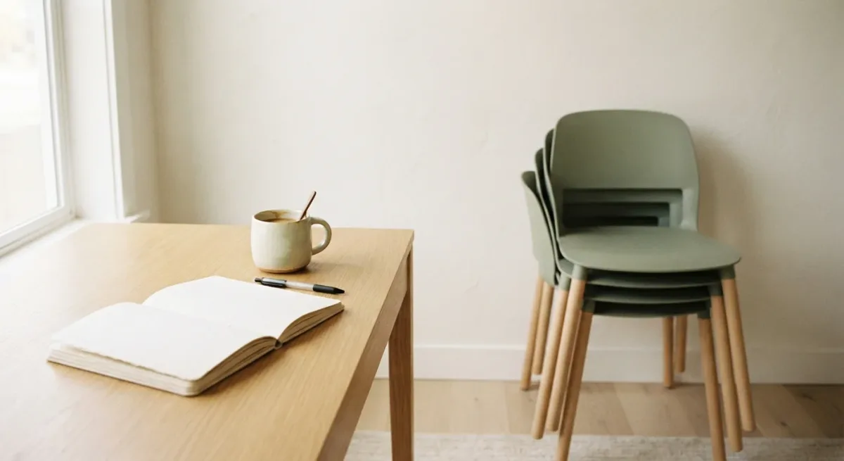 Notebook and coffee on empty desk beside stacked chairs