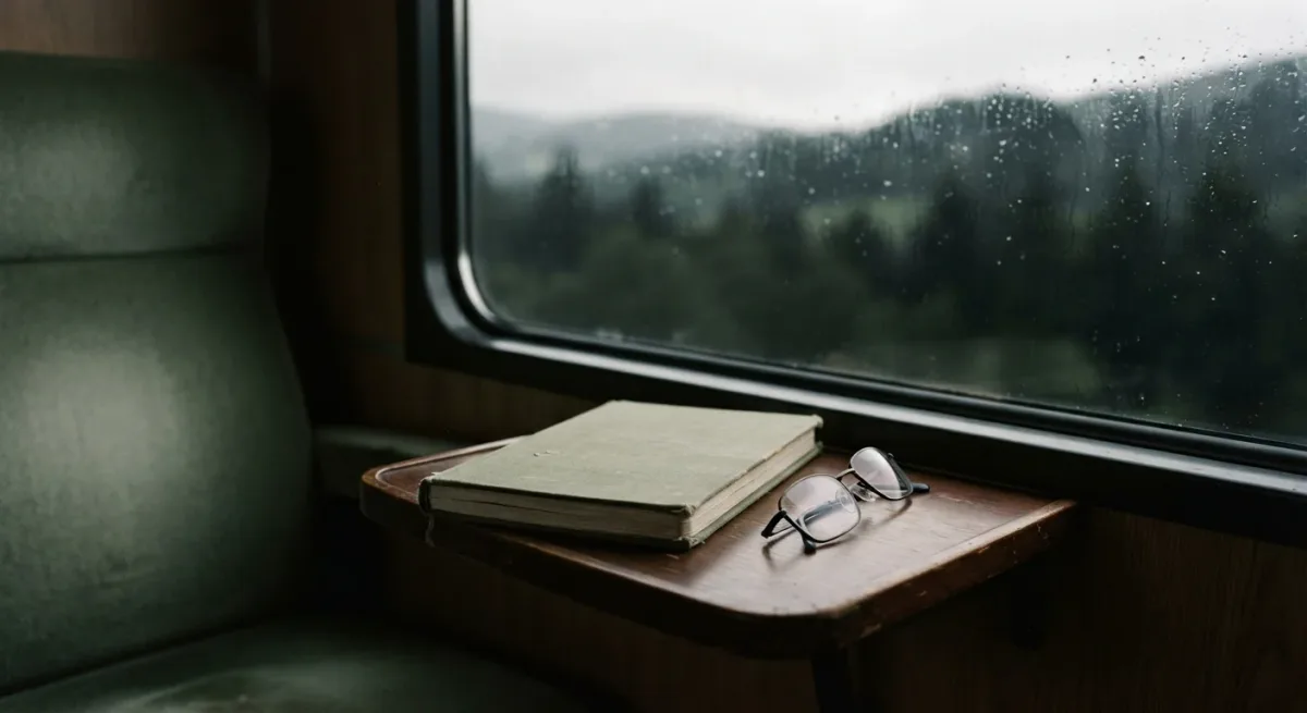 Cloth notebook and glasses beside a rain-blurred train window at night