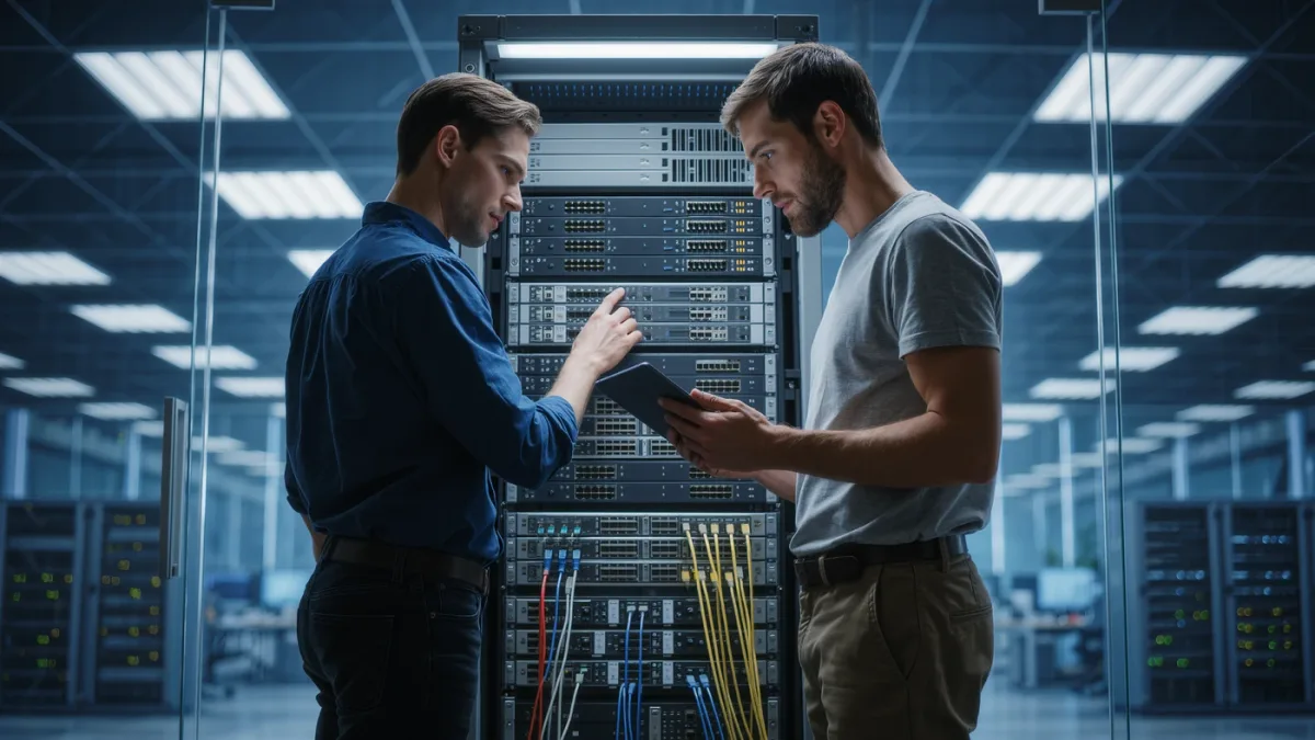 Network operations engineers reviewing a rack of SD-WAN appliances