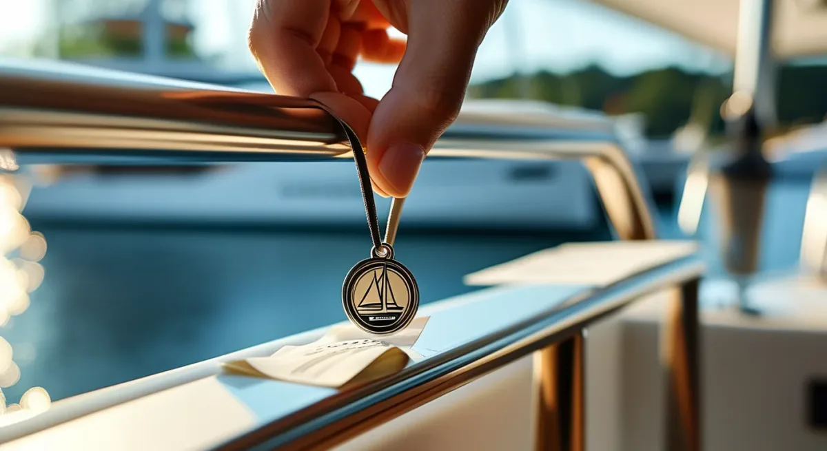 Show badge lanyard and folded deck plan on yacht railing