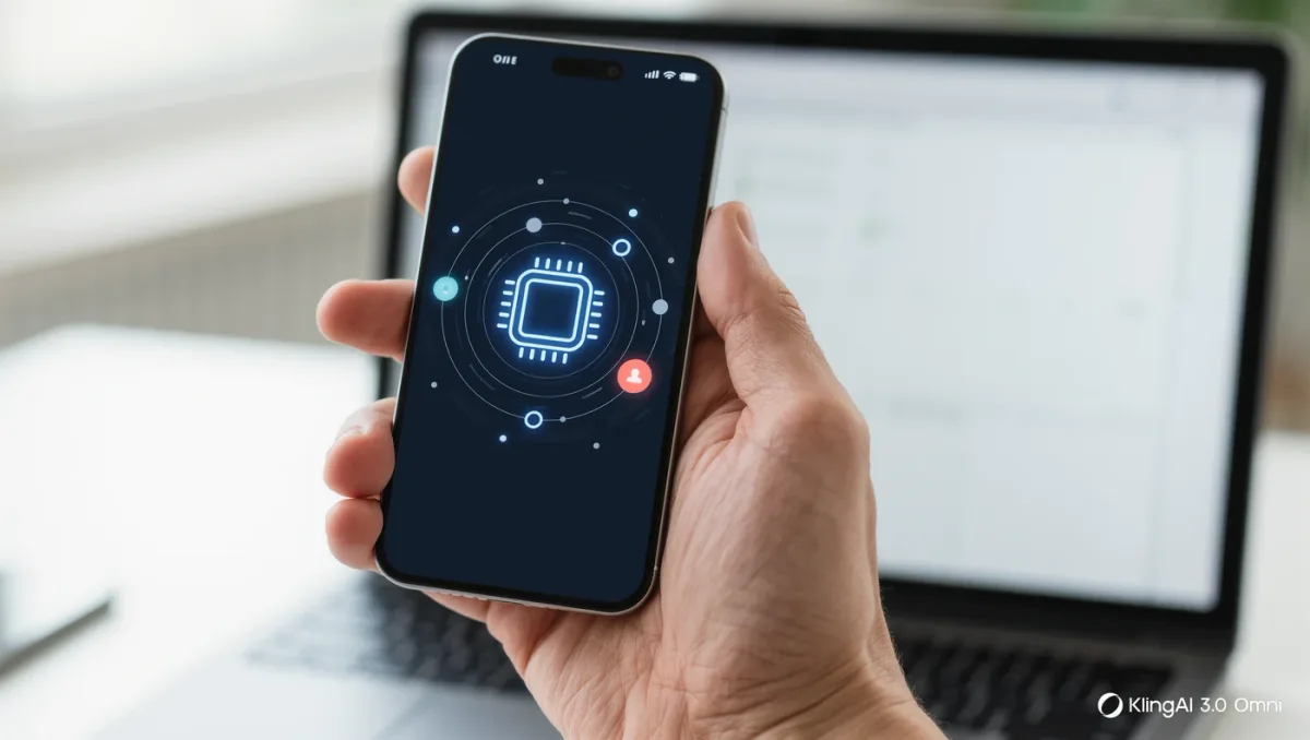 Close-up of a smartphone running an abstract local assistant animation