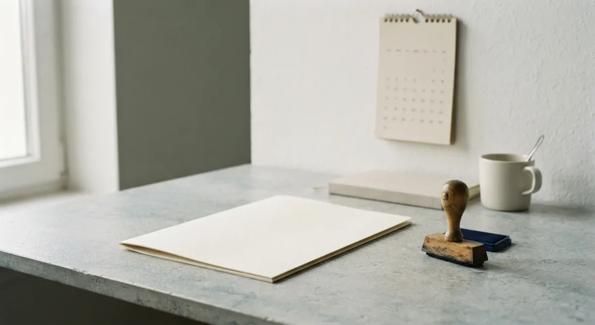 Plain official folder, stamp, and wall calendar on a neutral desk