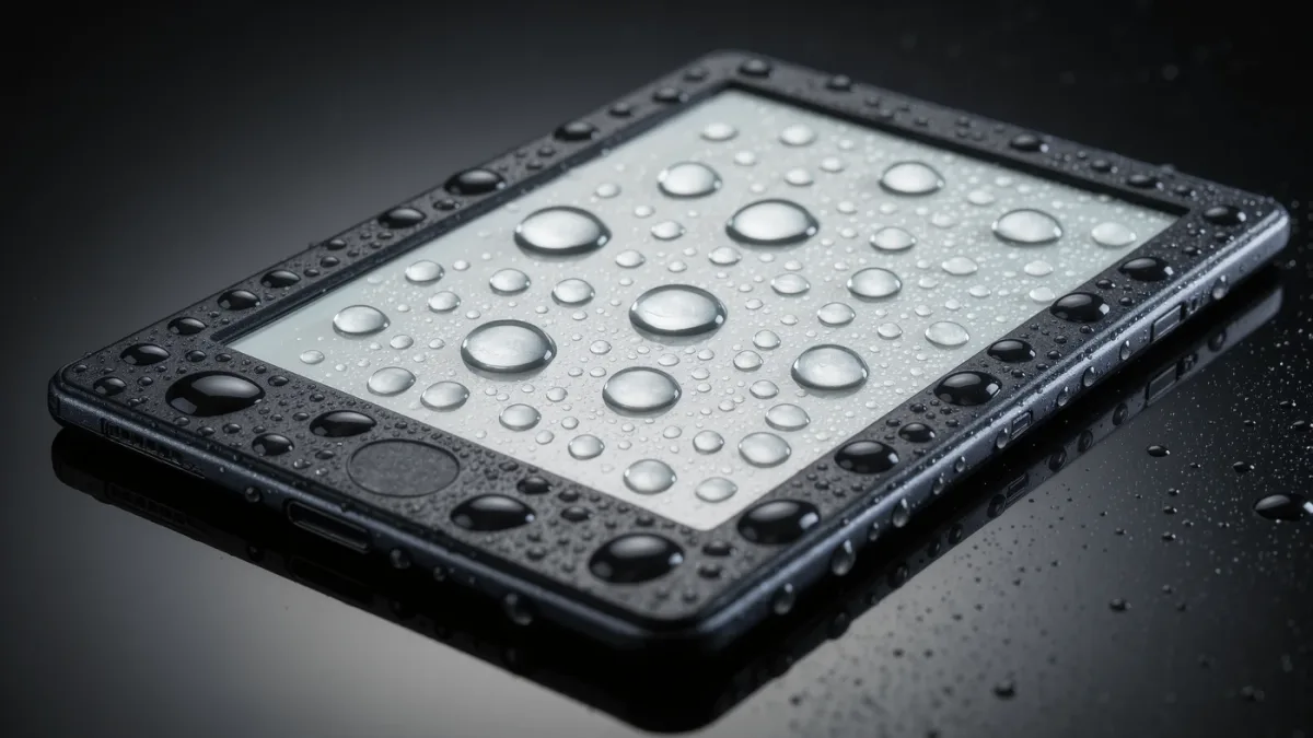 Close-up of an unbranded e-reader with water droplets on its grey screen