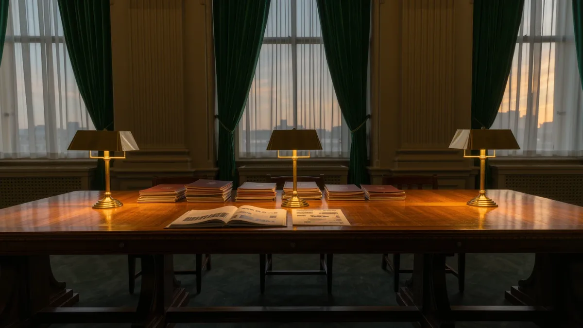 Central-bank reading room with data reports stacked under lamplight
