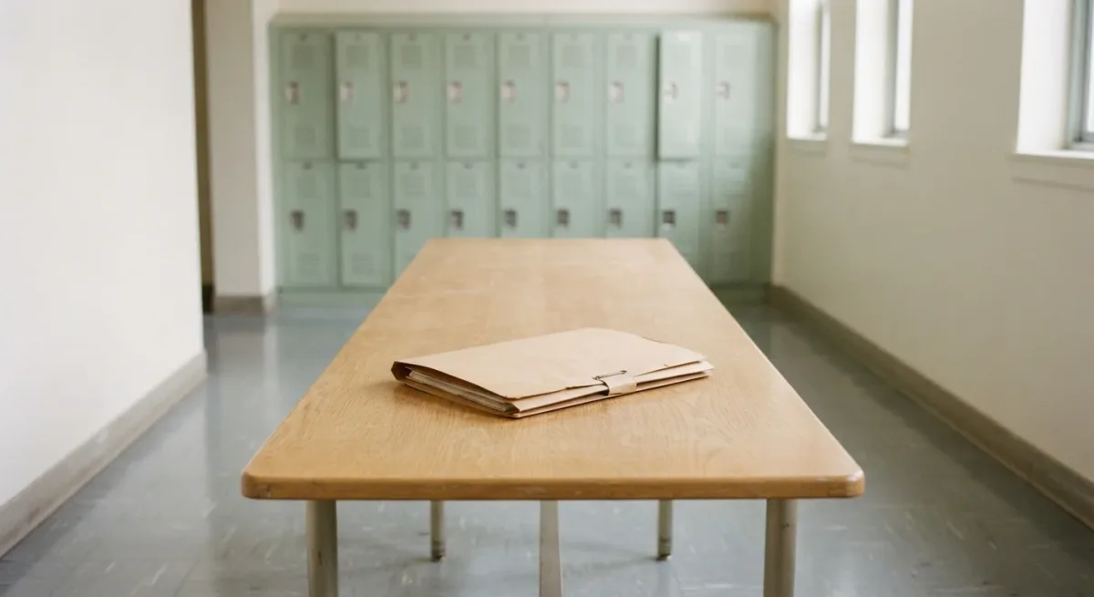 Union contract folder on an institutional table in empty corridor