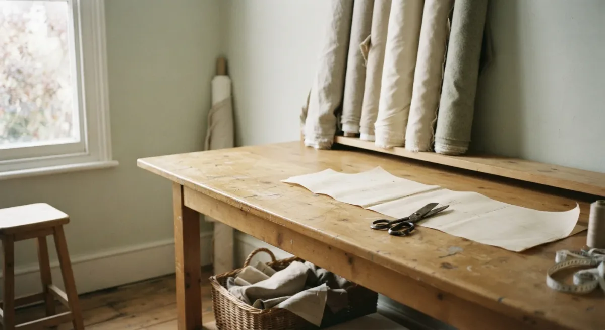 Bolts of fabric and a worktable in an empty sample room