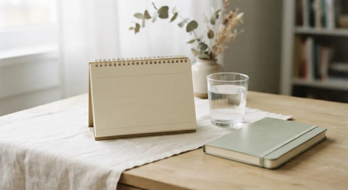 Paper calendar, glass of water, and notebook on a pale sage desk
