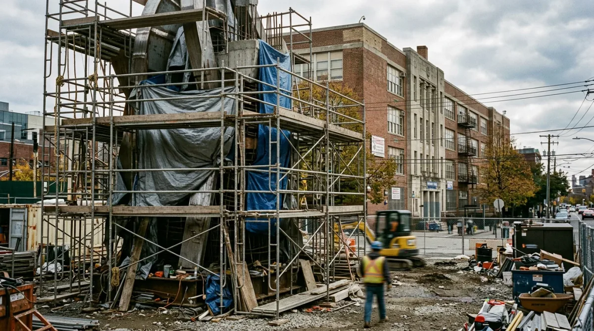 A city construction site where a half-finished public sculpture stands wrapped in scaffolding beside a New York school or rec-center facade, rendered in the same gritty, h.