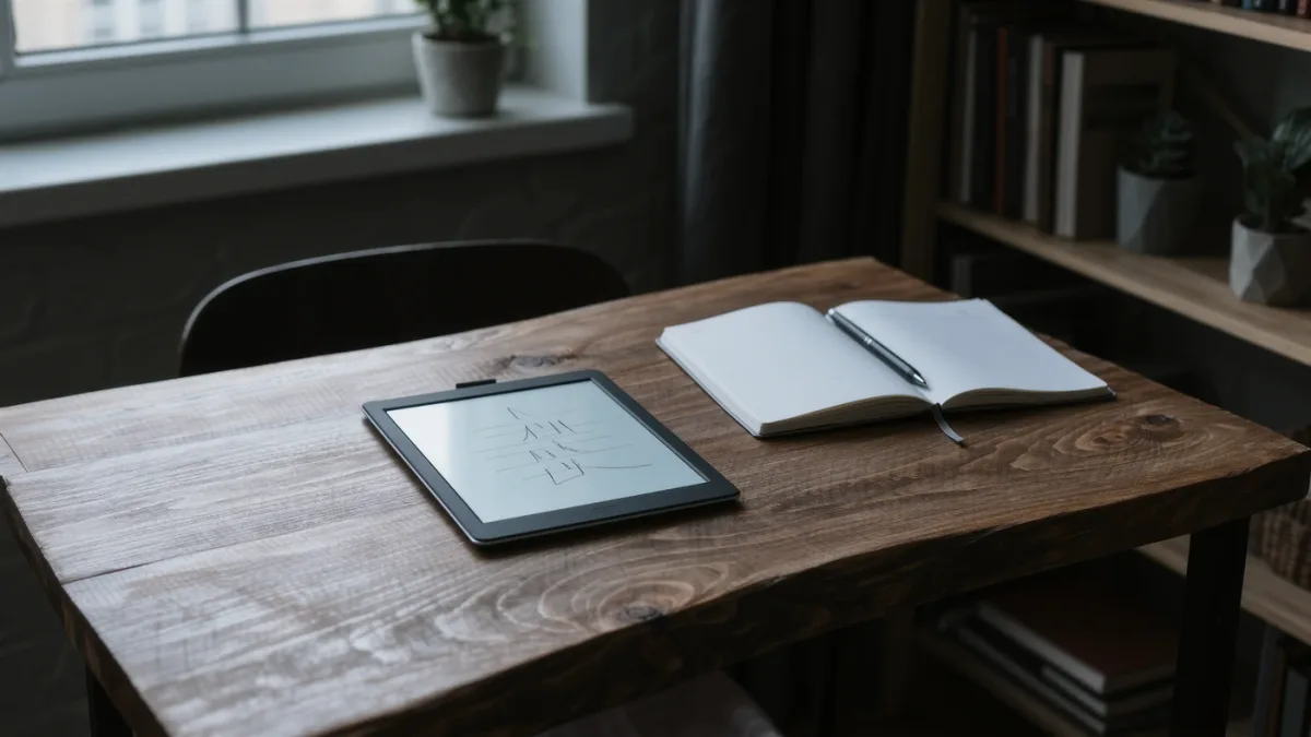Unattended desk scene with a generic e-ink writing tablet and open notebook