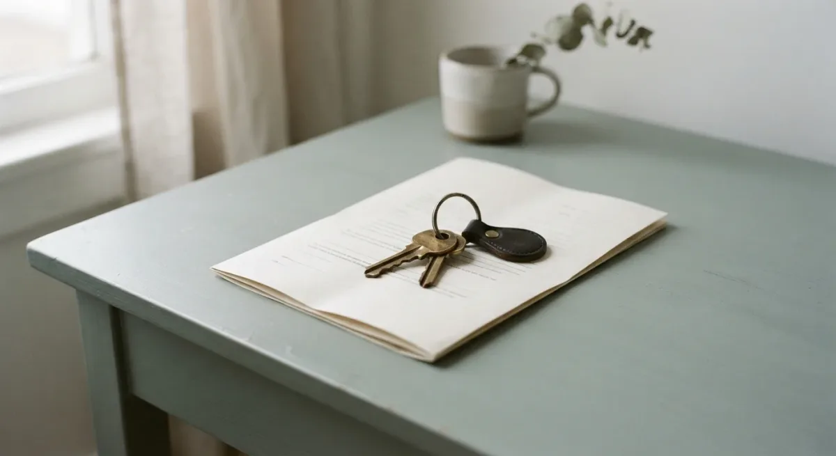 House keys and paper lease on a slate-toned desk