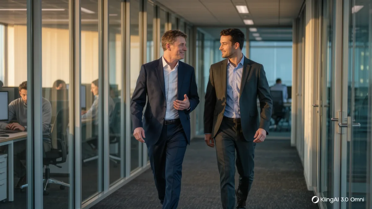 Founder and incoming CEO walking together through an office corridor