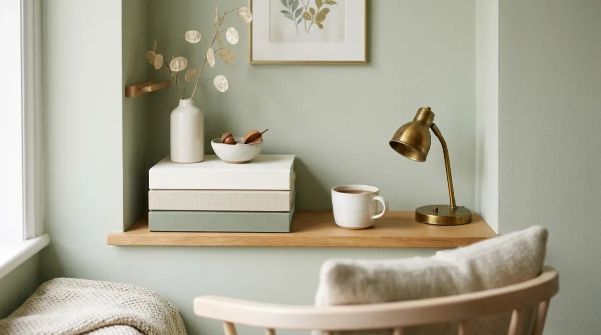 Tidy reading corner with blank-spined volumes stacked