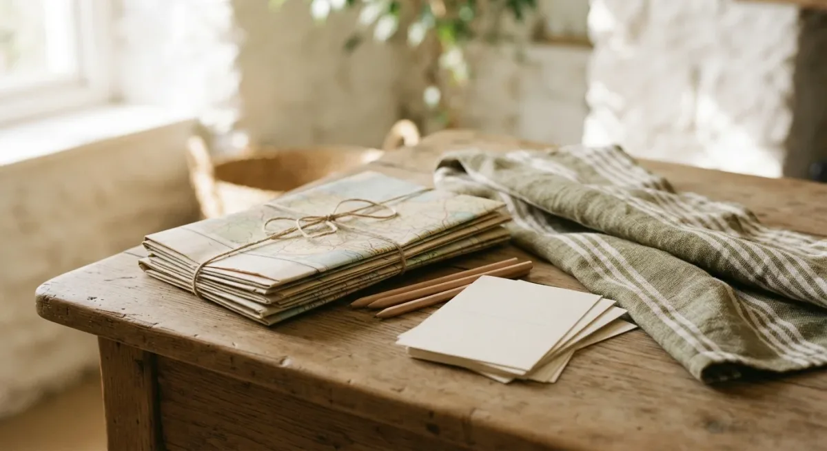 Folded market map and linen cloth on worn wood