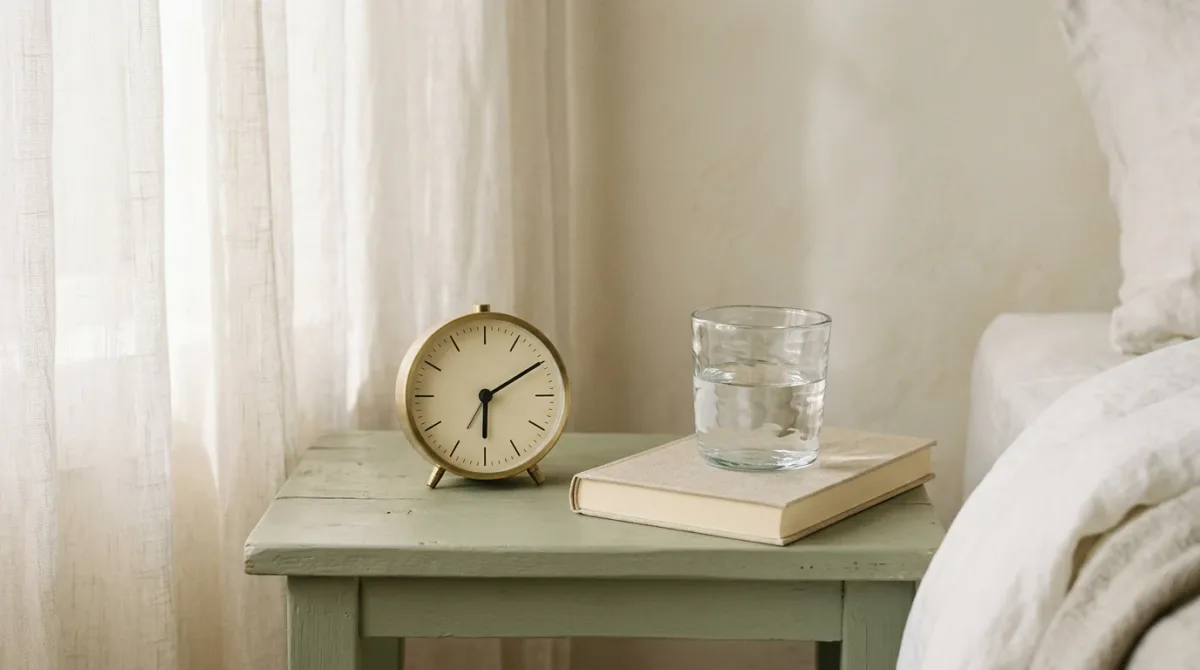 Bedside table with analog alarm clock and water glass
