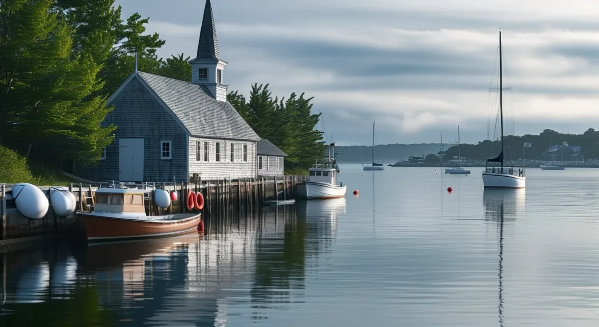 Grey-shingled harbour town waterfront in morning fog, no people