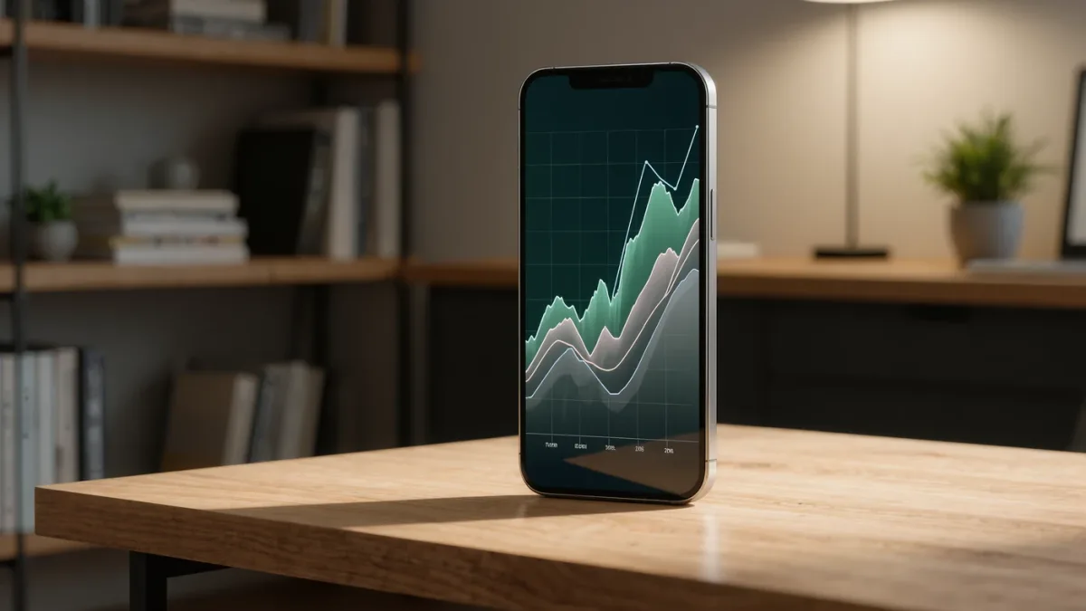 Macro shot of a smartphone showing balanced chart graphics on a desk