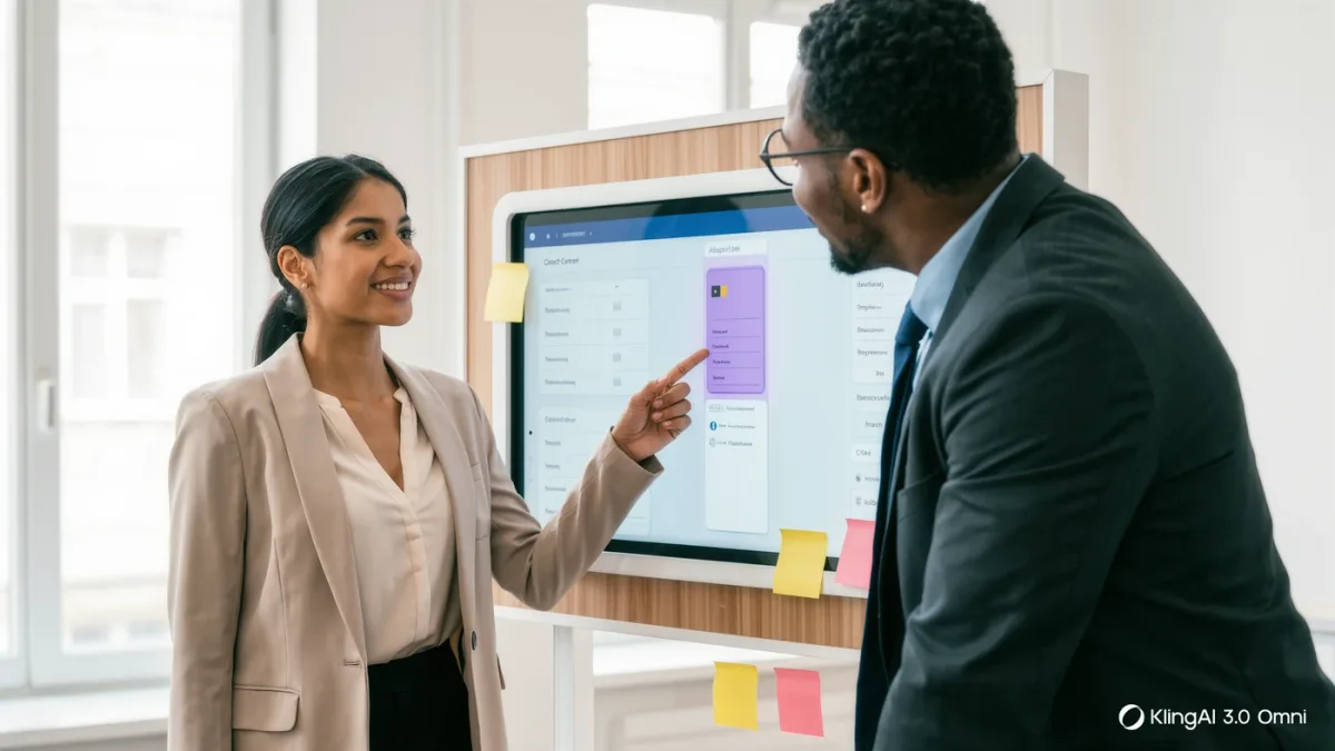 Two product leads reviewing an embedded checkout credit module design
